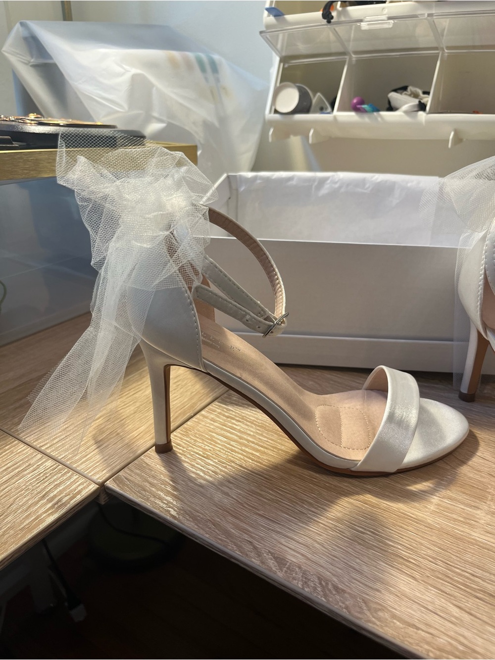 Satin Open-Toe Ankle-Strap Stiletto Heels with Tulle Bow in Ivory Wedding Bridal